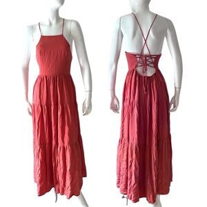 Re:named Tie-Back Halter Dress Elegant Coral Maxi open back tiered